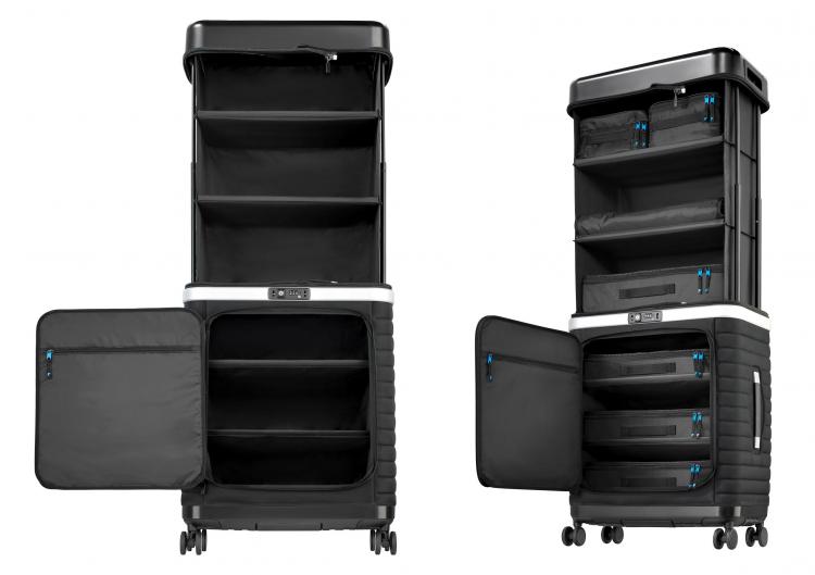 suitcase with pop up shelves