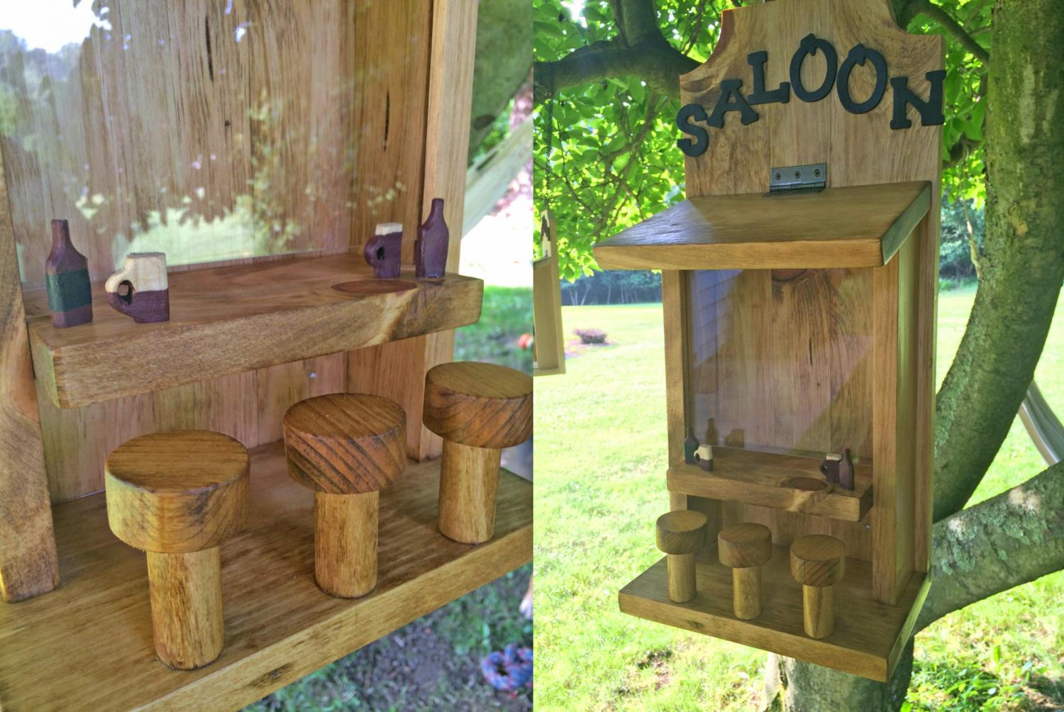 Squirrel Saloon - Wooden Saloon squirrel feeder with bar stools