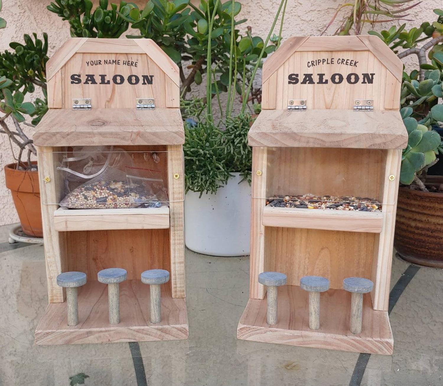 Squirrel Saloon - Wooden Saloon squirrel feeder with bar stools