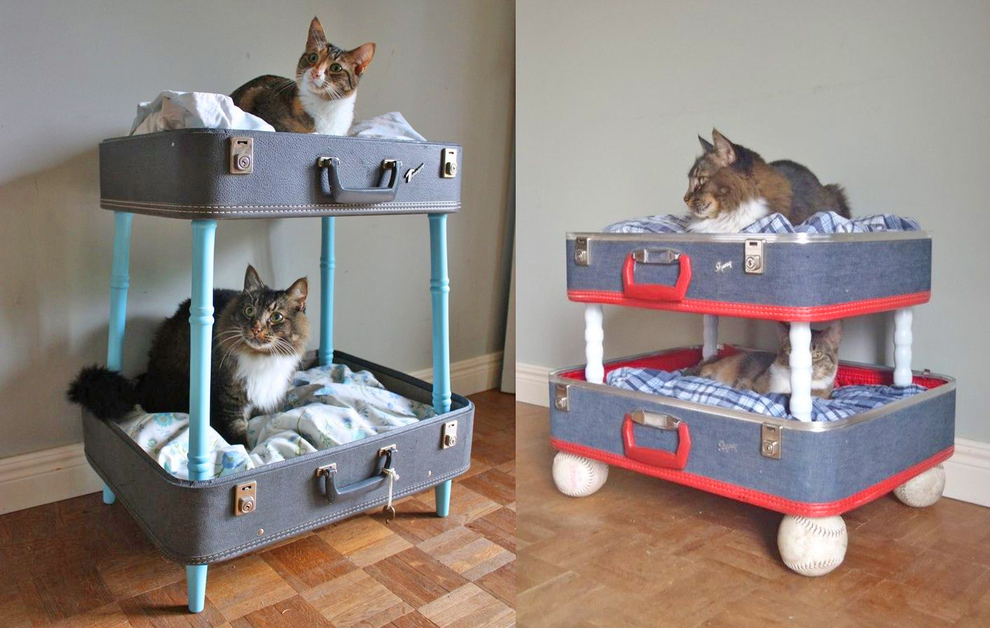 Vintage suitcase cat bunk bed - DIY luggage cat bunk bed