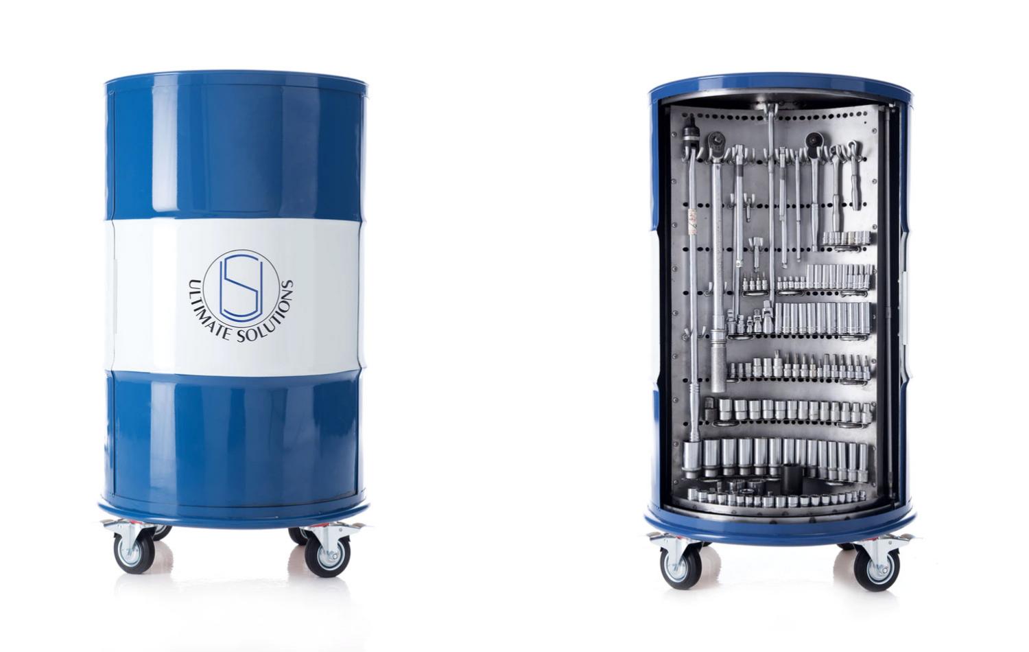 The Ultimate Toolbox - Drum Barrel Toolbox with rotating pegwalls holds tools and socket sets