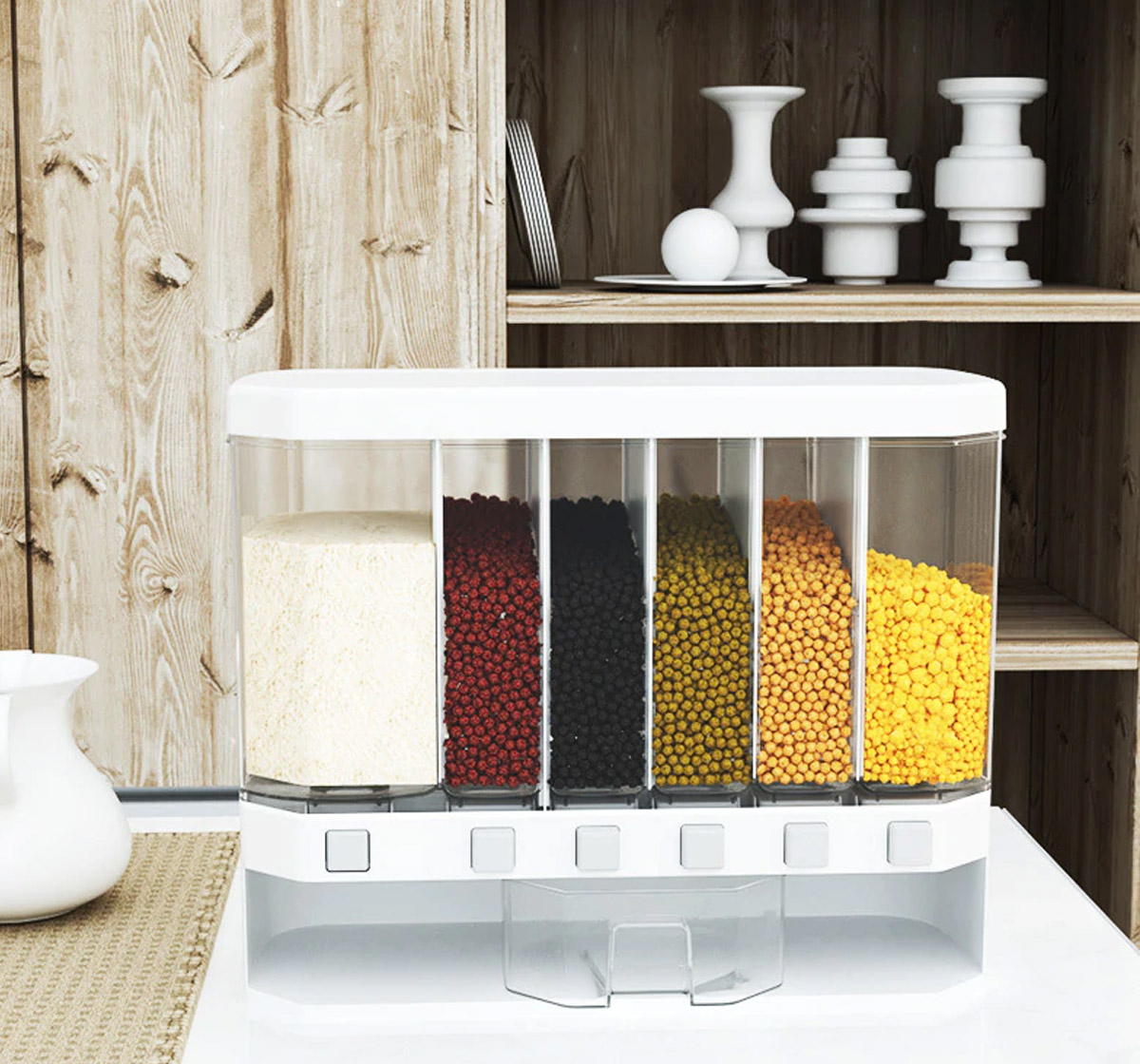 Push button wall mounted food dispenser