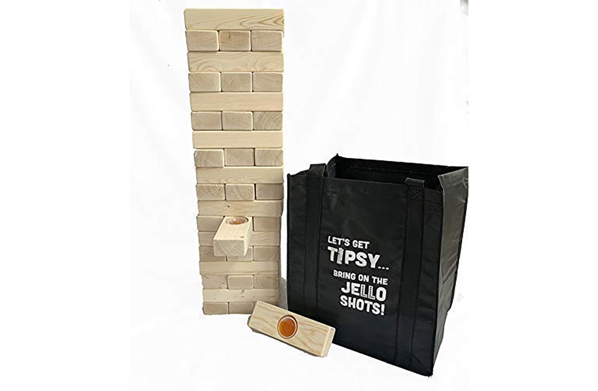 Giant Tower Party Game With Hidden Shots & 60 Commands Includes 60 Blocks,  104 Disposable Cups With Carrying Case Tipsy Topple Game 