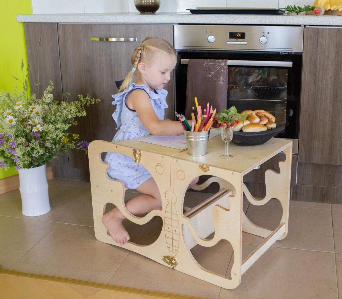 Montessori Kitchen Helper Stool For Toddlers Converts Into a Craft Table