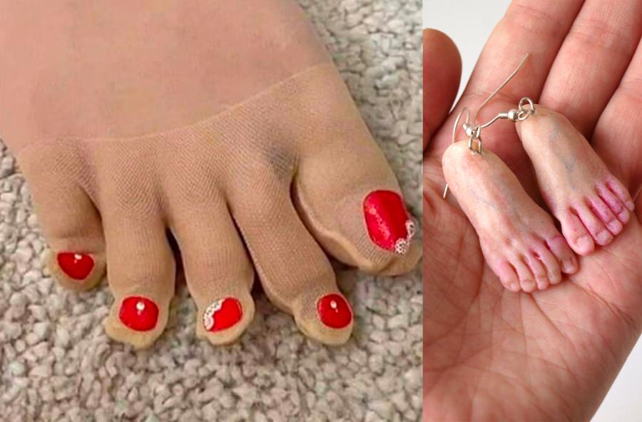 Painted toenail stockings - foot shaped earrings
