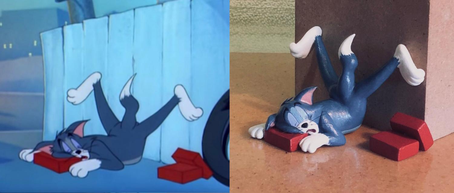 Funny Tom and Jerry Sculptures - Sleeping against fence