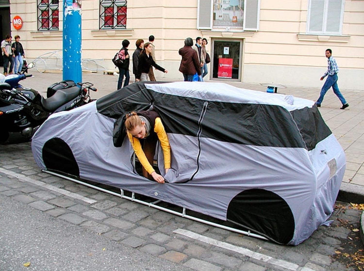 Car Shaped Tent Is Perfect For Urban Camping and Holding Parking Spaces - Urban Camping Tent shaped like car