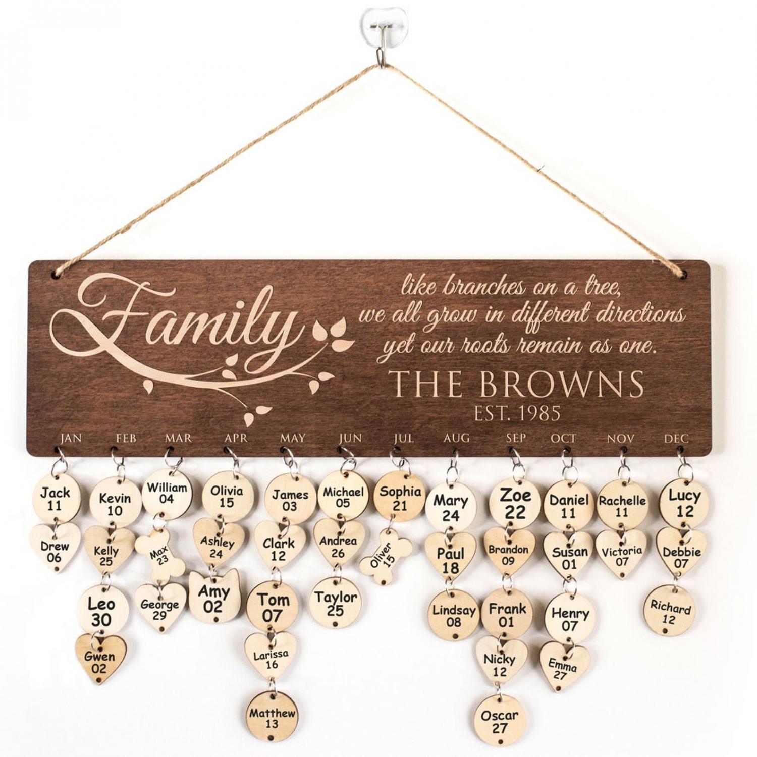 Wooden wall mounted family birthday calendar reminder personalized