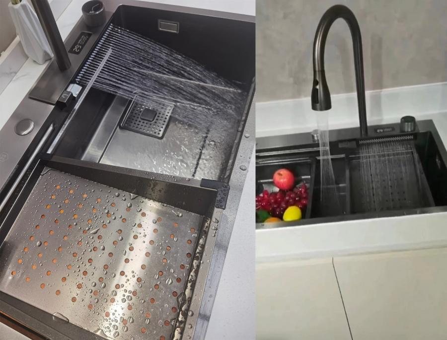 kitchen sink with waterfall and cup washer