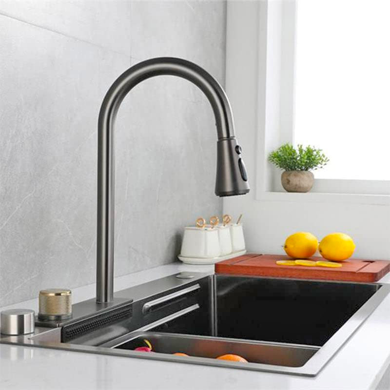 Waterfall Kitchen Sink With Digital Temperate Gauge And Auto Cup Cleaner Sprayer