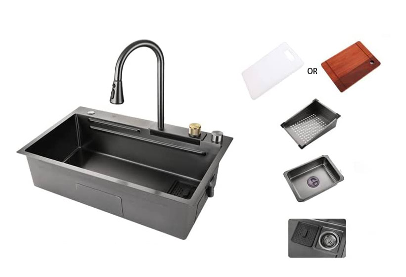 Waterfall Kitchen Sink With Digital Temperate Gauge And Auto Cup Cleaner Sprayer