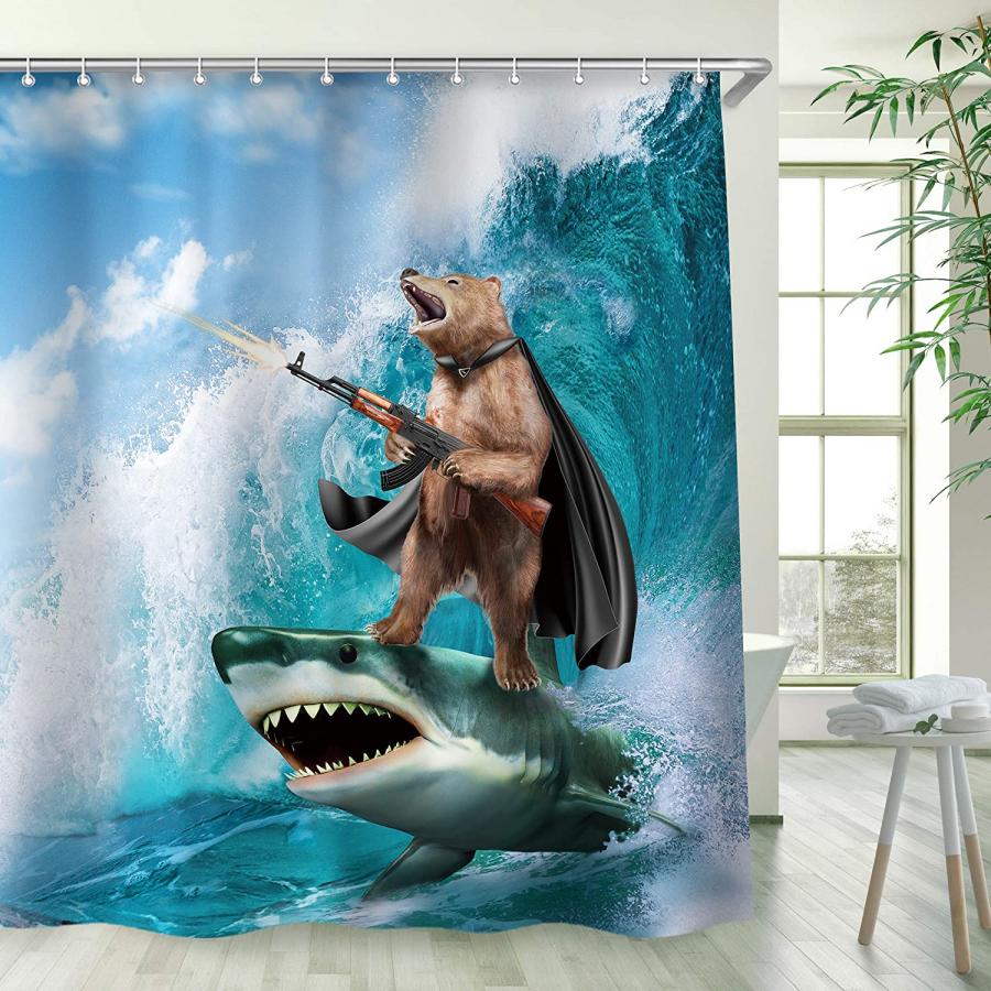 bear riding a shark while shooting a machine gun shower curtain