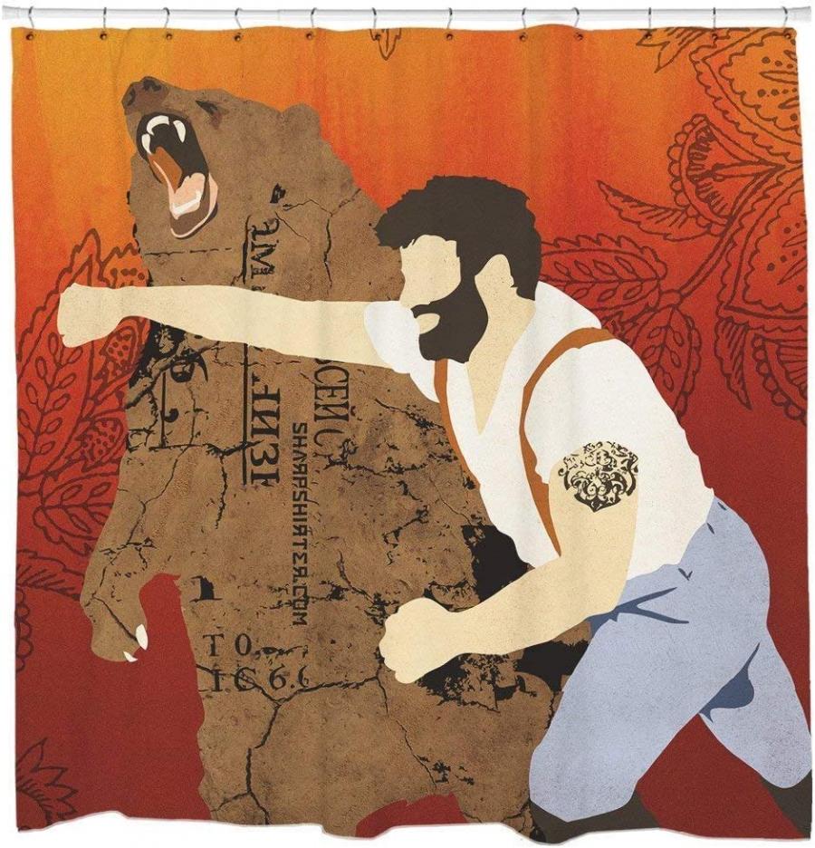 Bearded man punching a grizzly bear shower curtain
