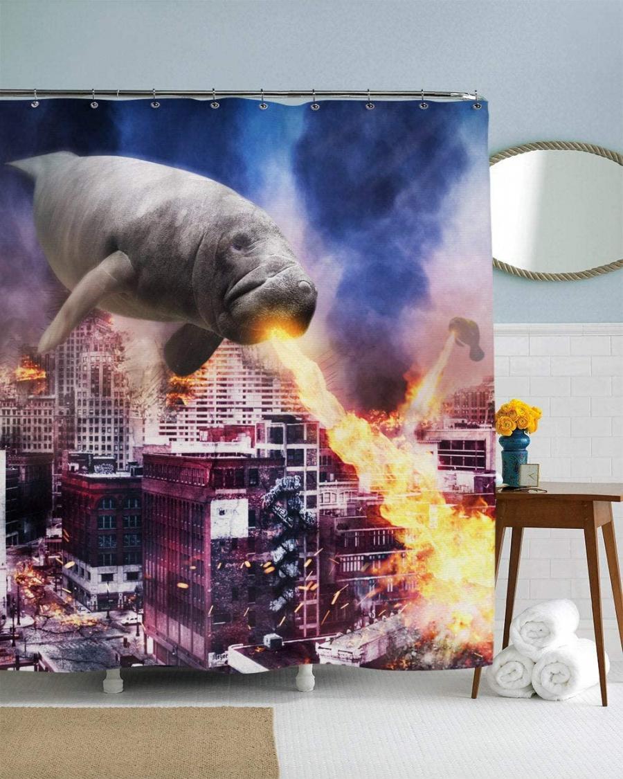 Flying narwhals shooting fire destroying city weird shower curtain