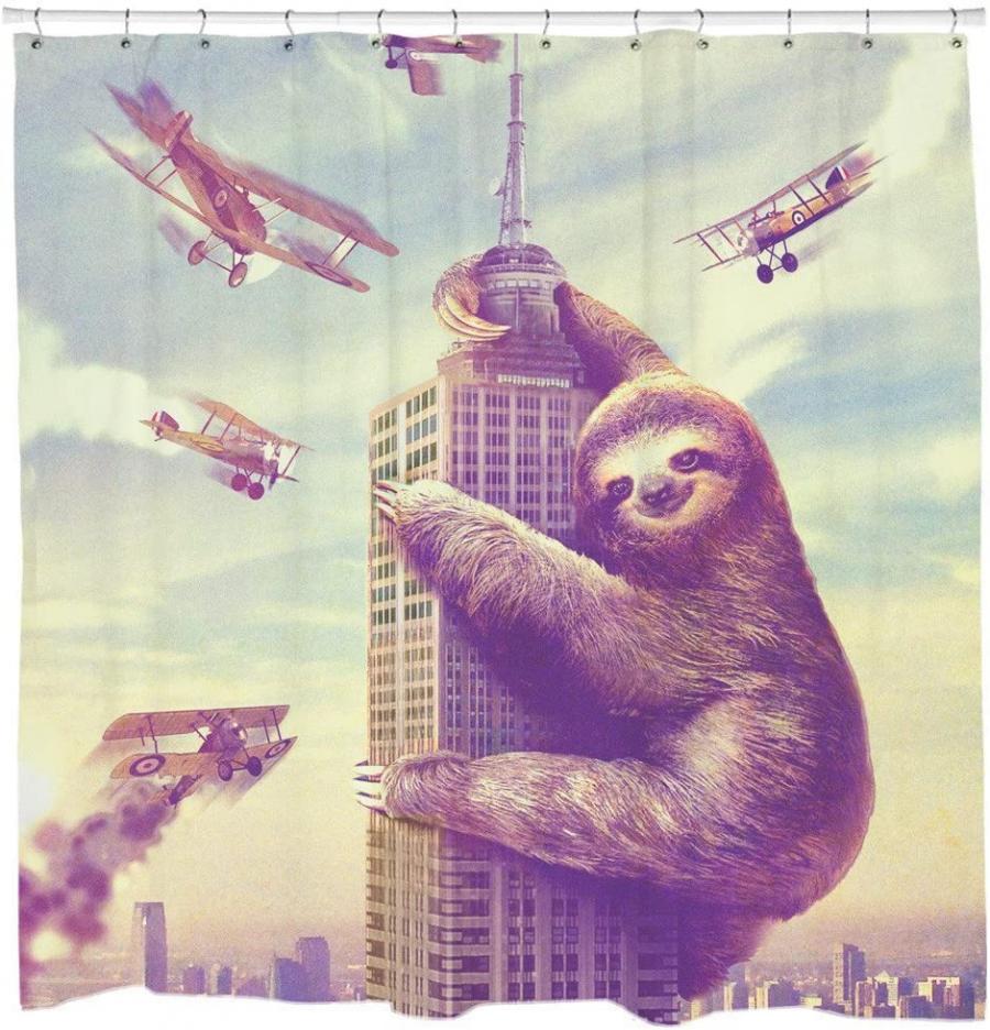 Slothzilla giant sloth climbing a skyscraper shower curtain