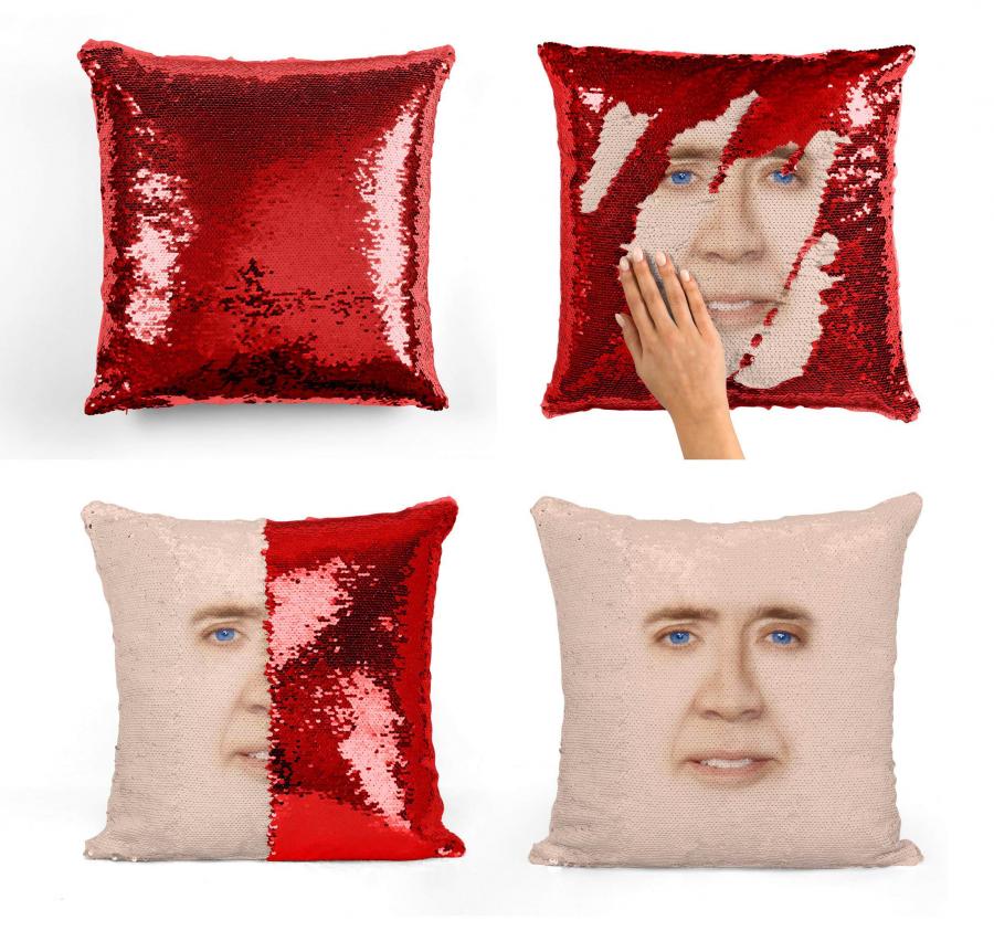 Nicolas Cage Face Sequin Pillow Reveals Nicolas Cage Face