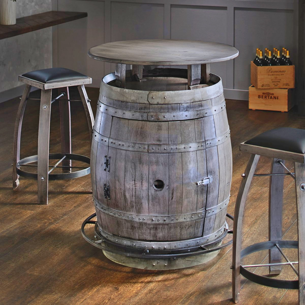 This Ultimate Wine Barrel Table Has a Hidden Storage Area Inside For