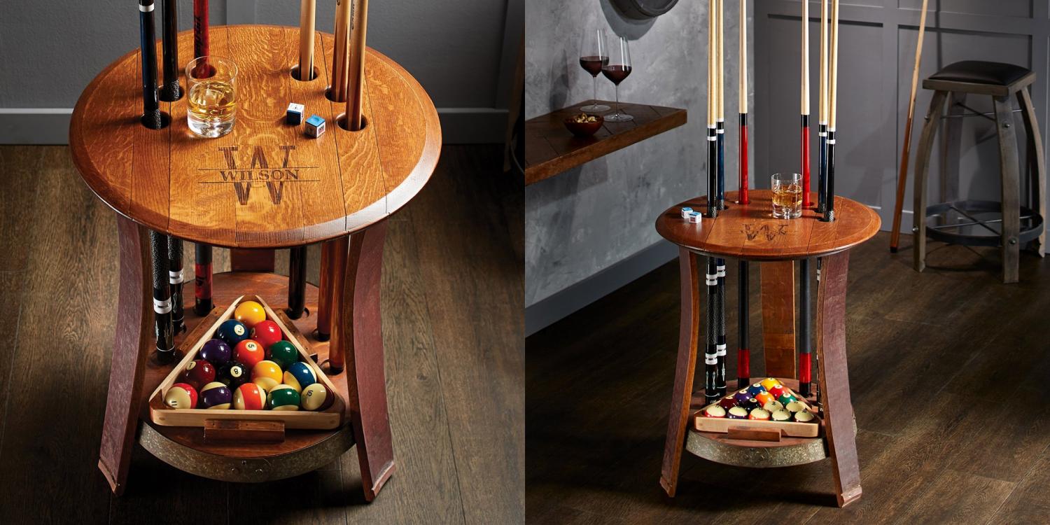 Pool cue holding wine barrel table