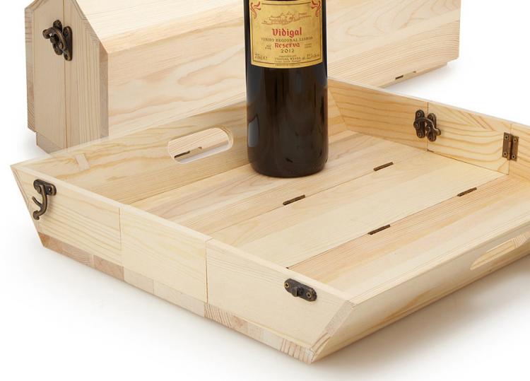 Wooden Wine Bottle Carrier Folds Into a Serving Tray