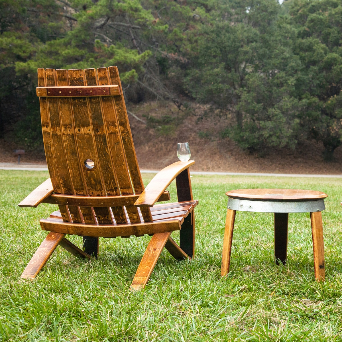 Adirondack Chair Made From an Old Wine Barrel - Wooden Wine Glass holding chair - Wine slot chair