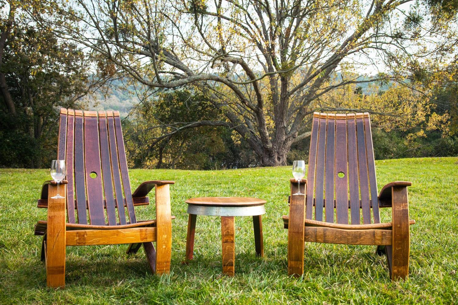 Adirondack Chair Made From an Old Wine Barrel - Wooden Wine Glass holding chair - Wine slot chair