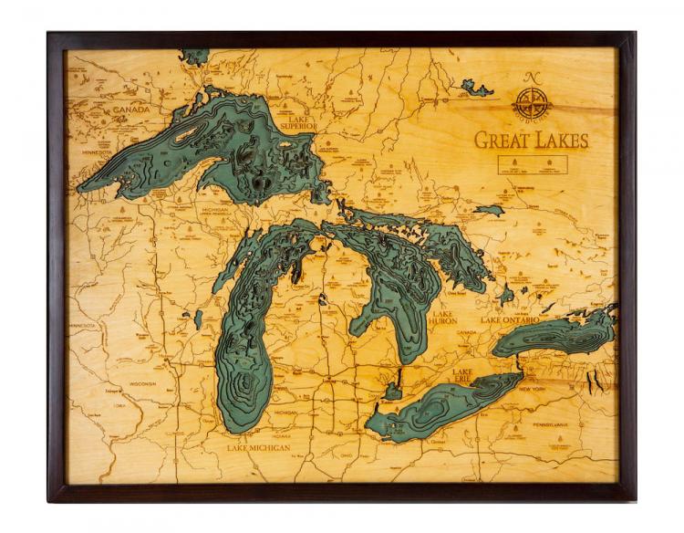 Bathymetric Wooden Layered Chart Map - Great Lakes