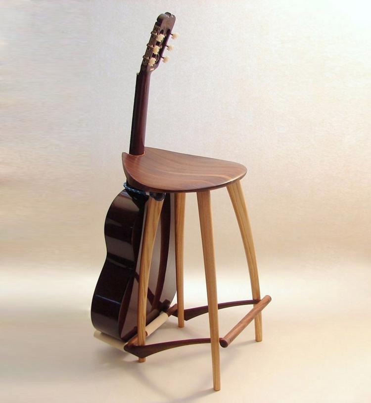 This Elegant Wooden Stool Has an Integrated Guitar Stand