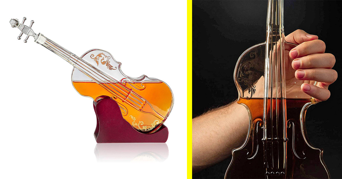 Creative Borosilicate Glass Violin Shape Wine Whiskey Decanter With Wooden Base