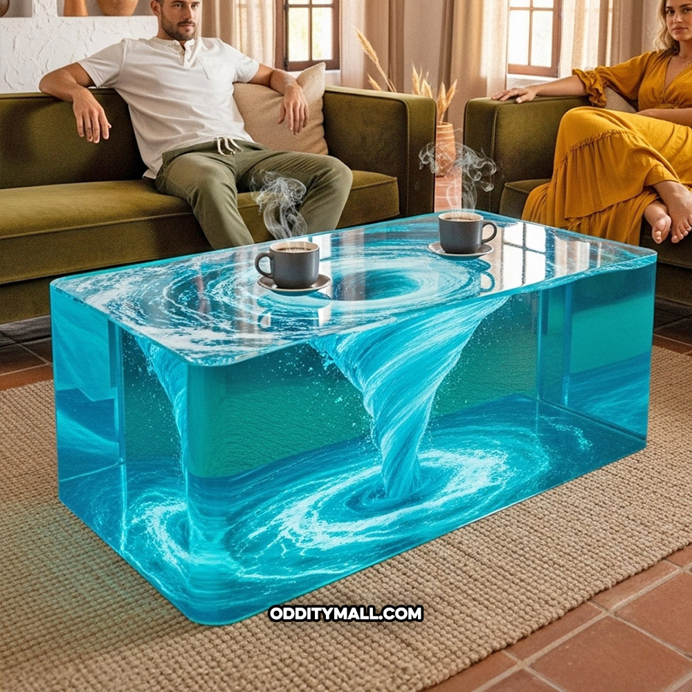 A glass spinning water vortex coffee table