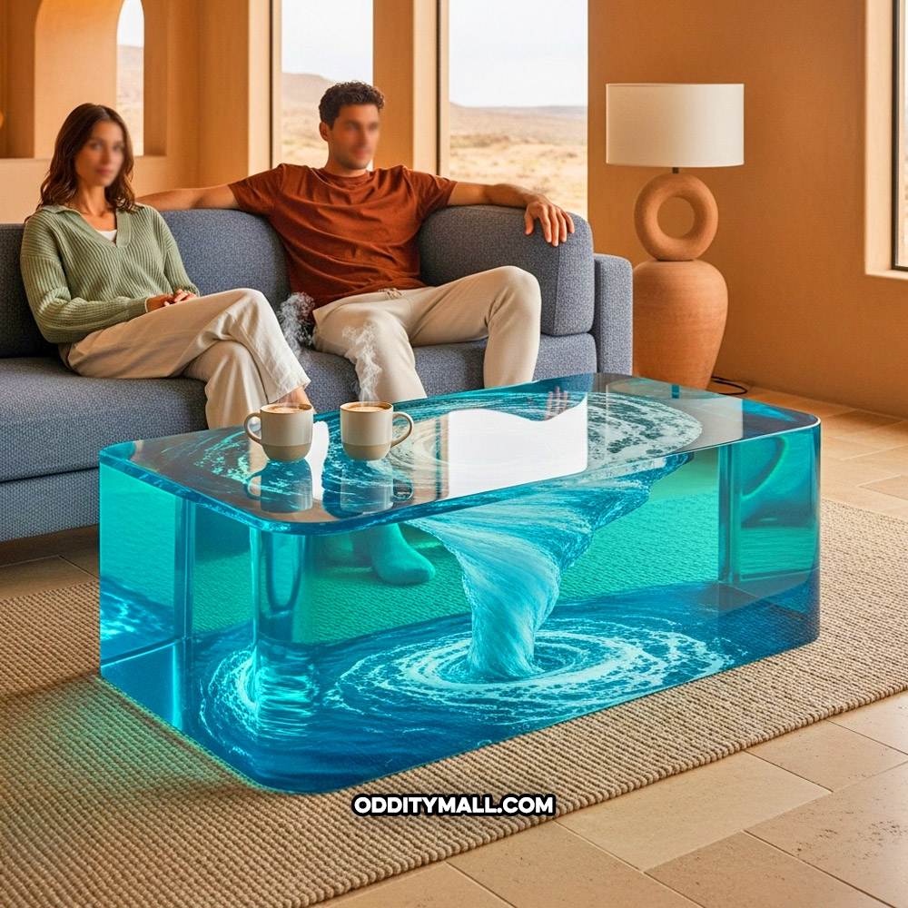 A glass spinning water vortex coffee table