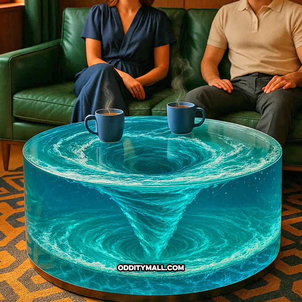A glass spinning water vortex coffee table