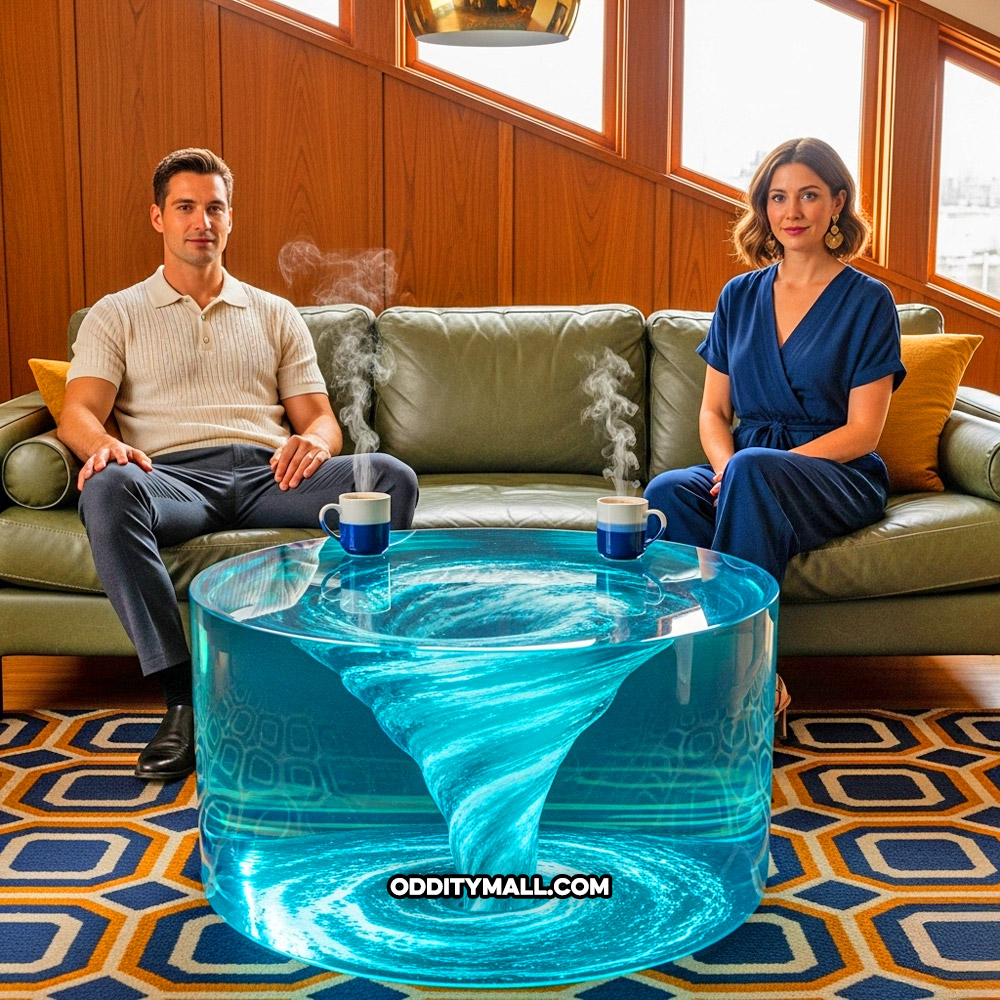 A glass spinning water vortex coffee table