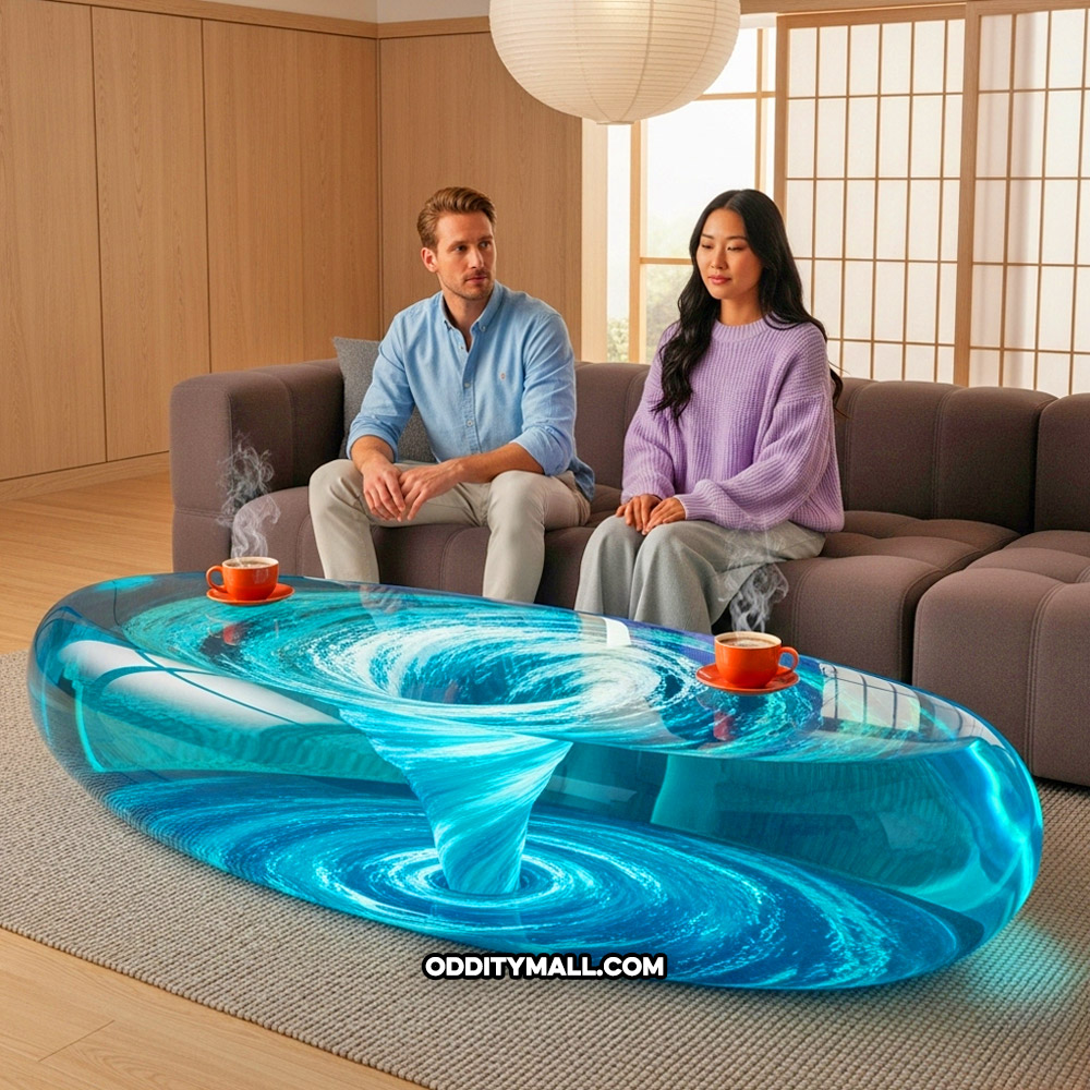 A glass spinning water vortex coffee table