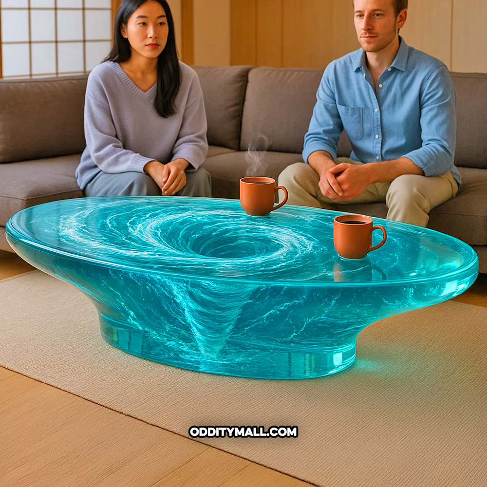 A glass spinning water vortex coffee table