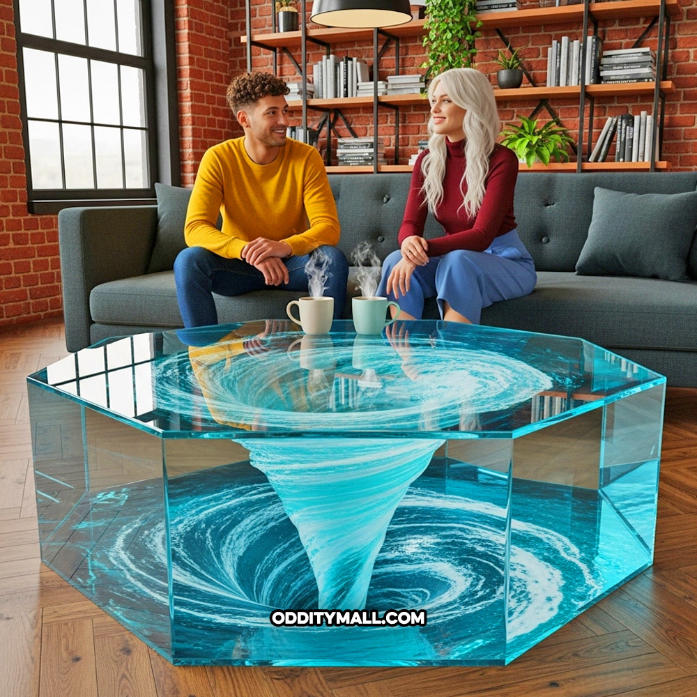 A glass spinning water vortex coffee table
