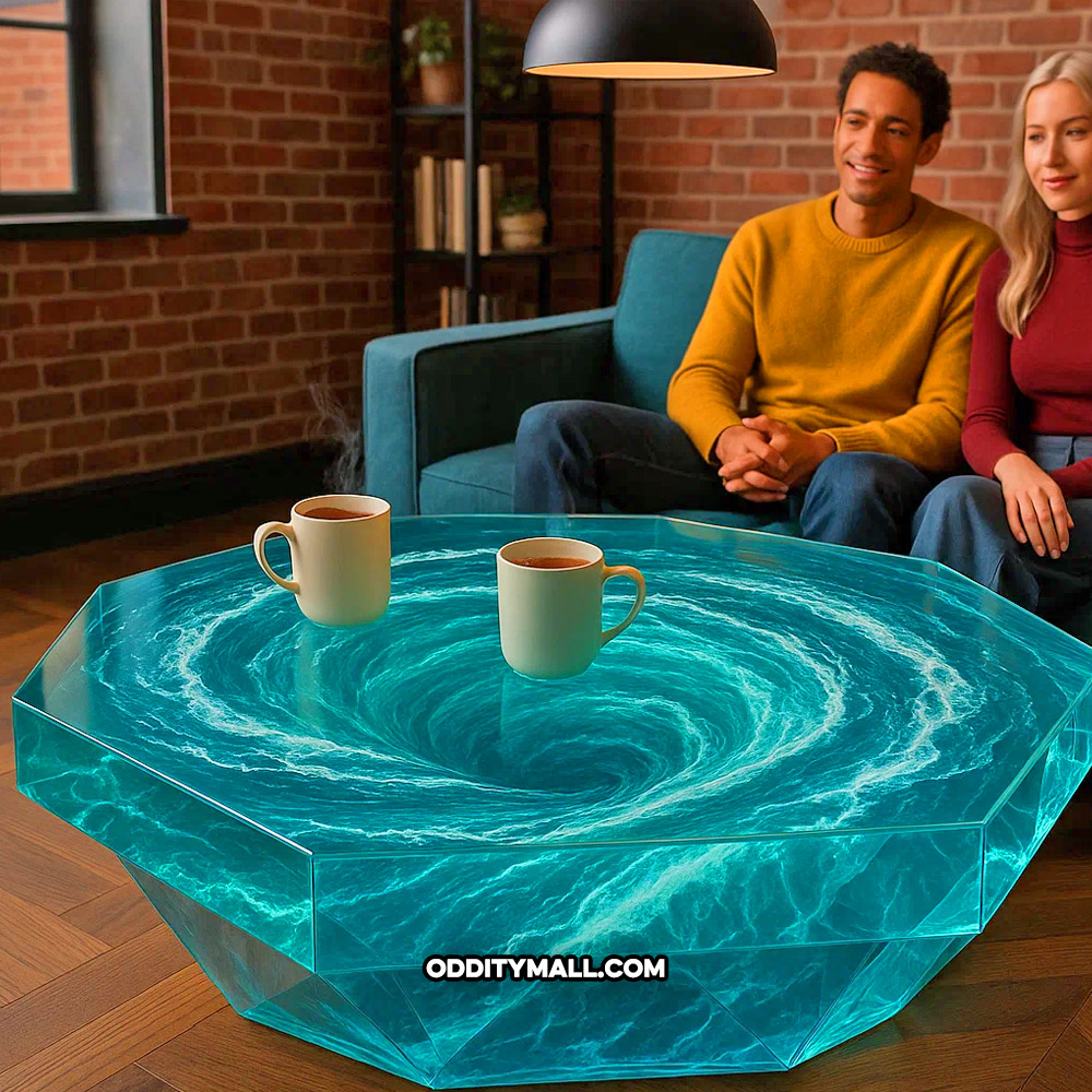 A glass spinning water vortex coffee table
