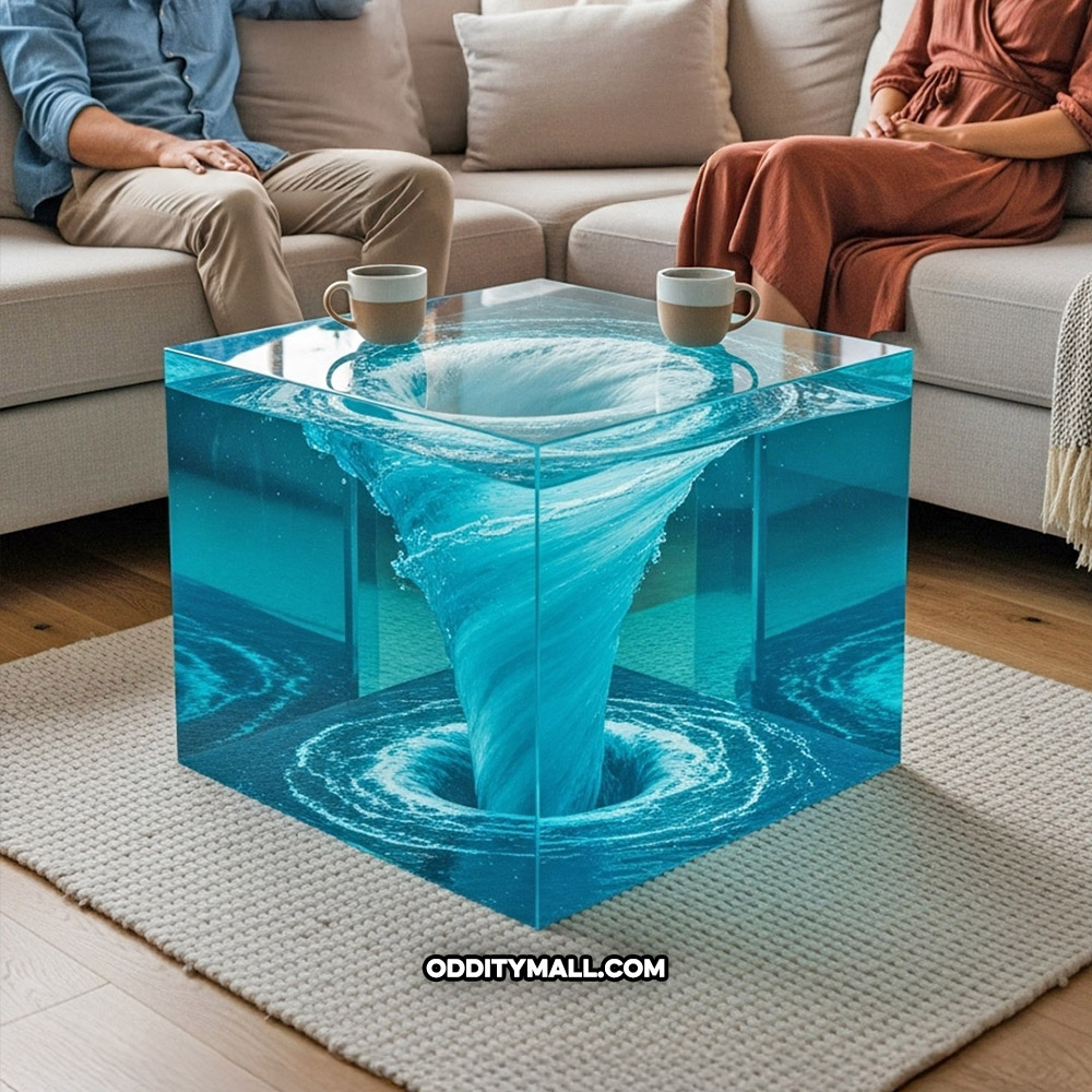 A glass spinning water vortex coffee table