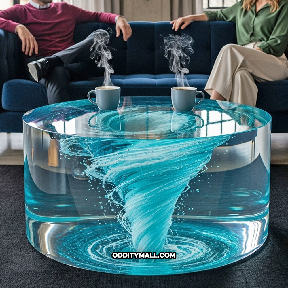 A glass spinning water vortex coffee table