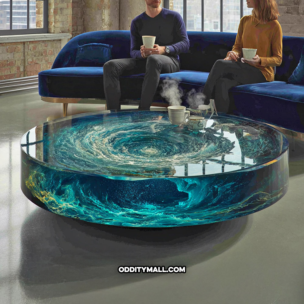A glass spinning water vortex coffee table