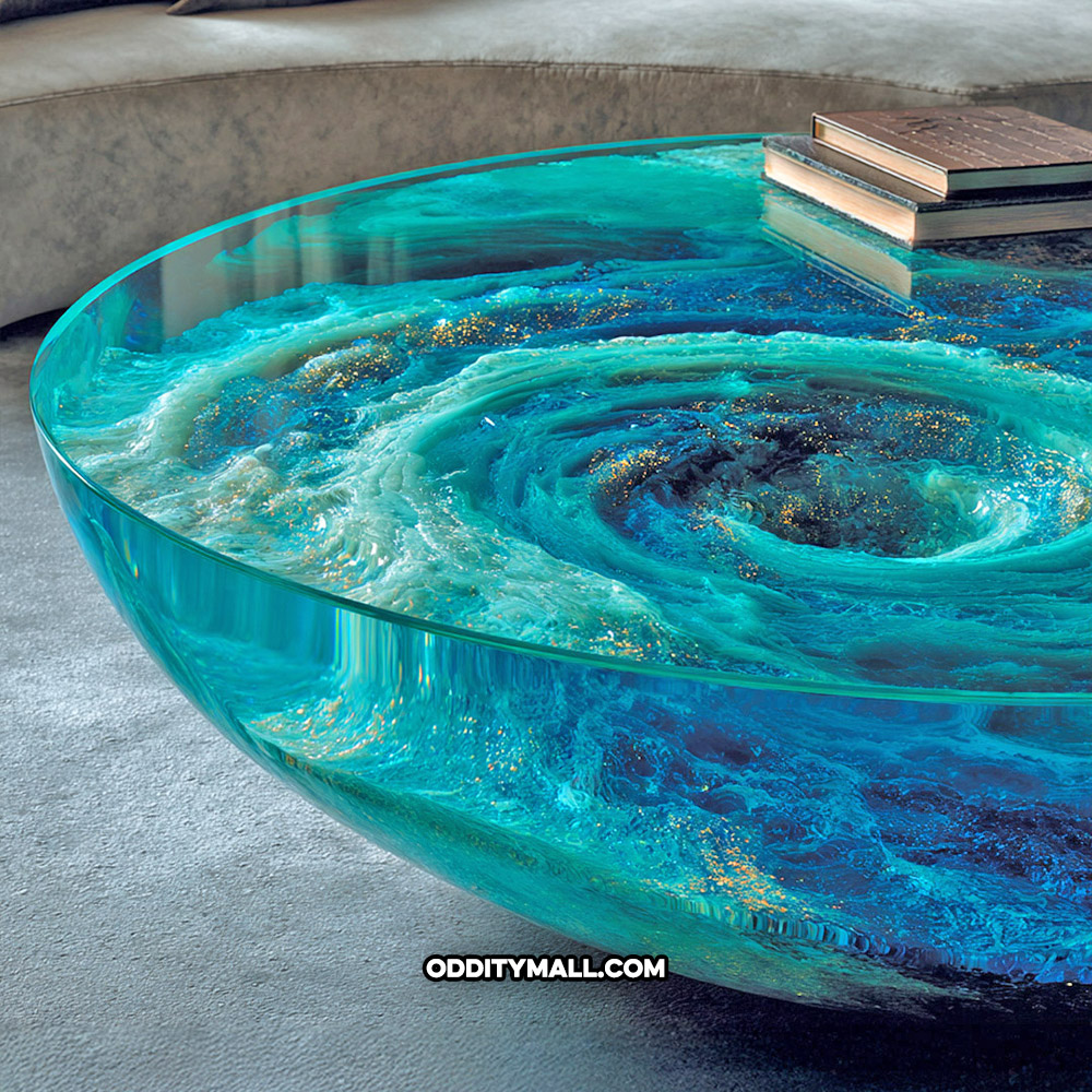 A glass spinning water vortex coffee table