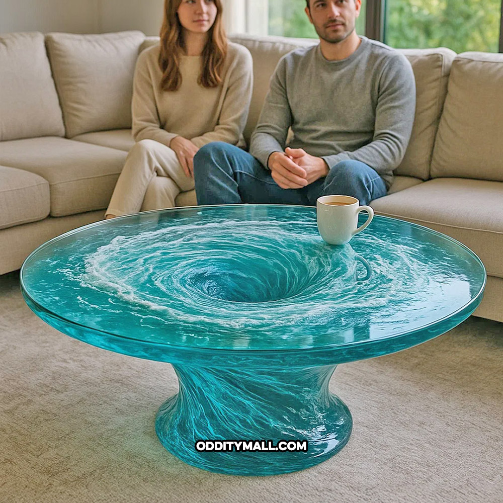 A glass spinning water vortex coffee table