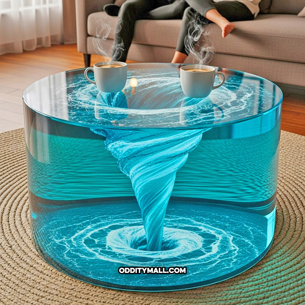 A glass spinning water vortex coffee table