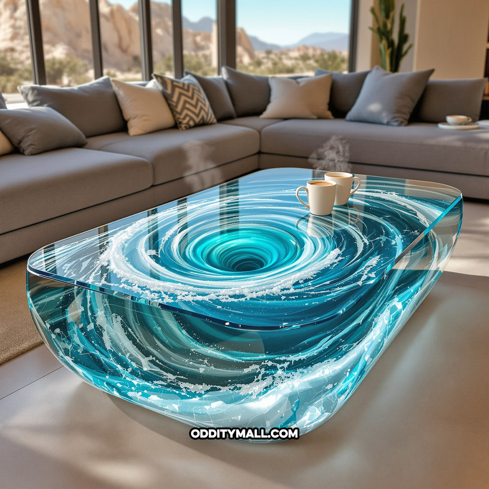 A glass spinning water vortex coffee table