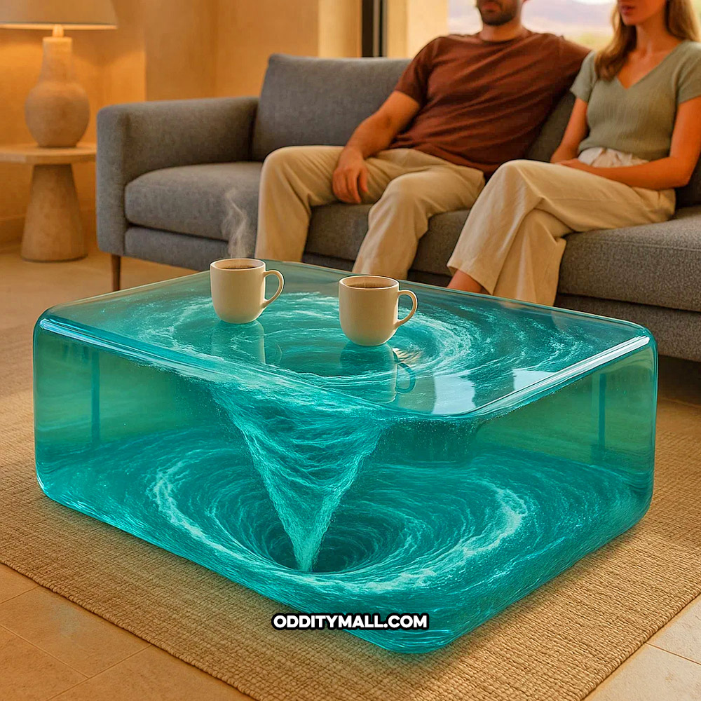 A glass spinning water vortex coffee table