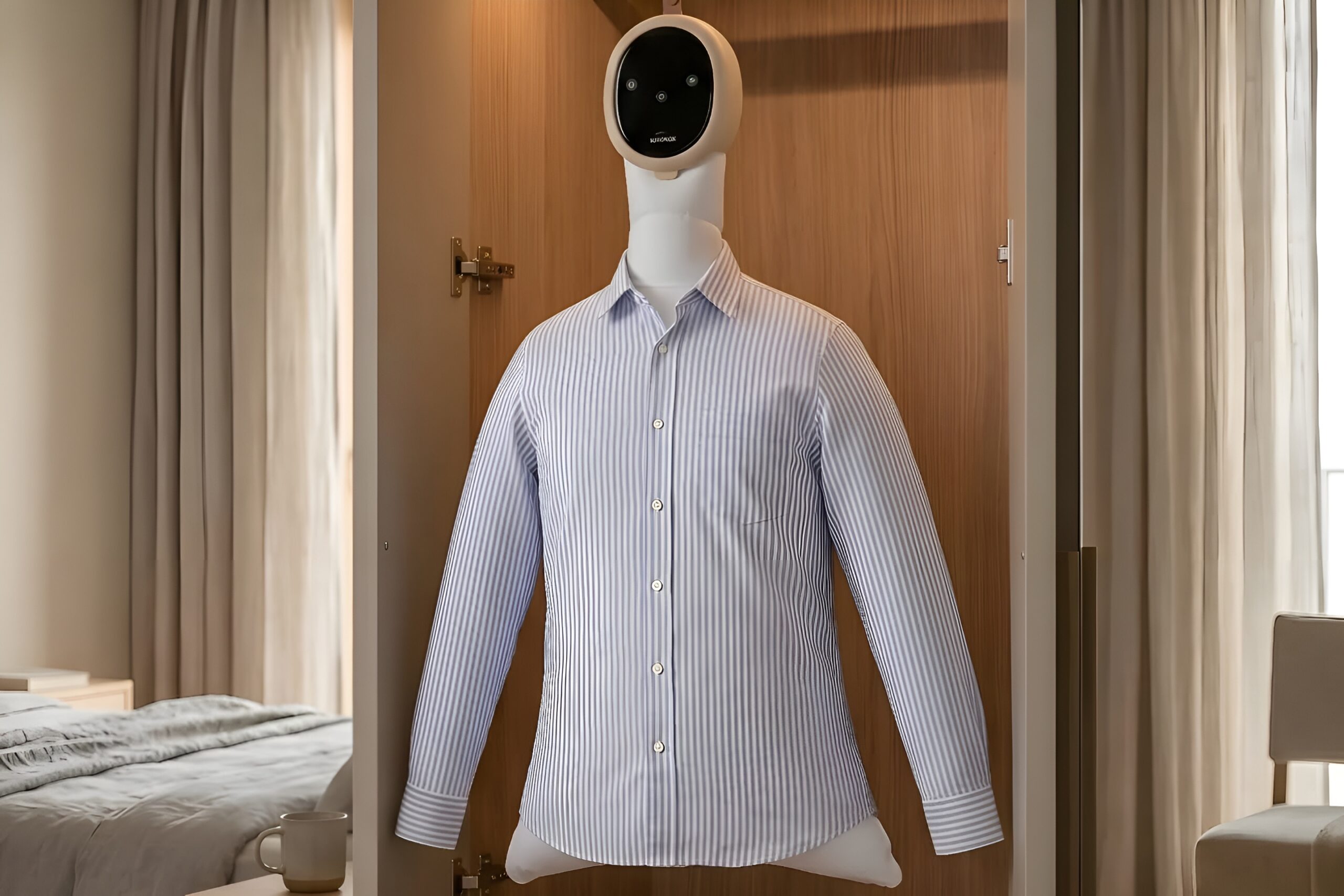 Aironox GO portable clothing care system on a shirt form in a hotel room
