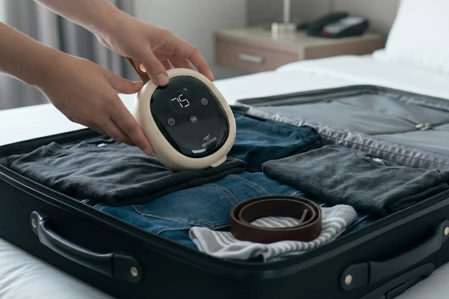 Aironox GO portable device packed in a suitcase