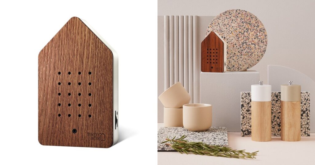Side by side collage of RELAXOUND Birdybox product and kitchen decor views