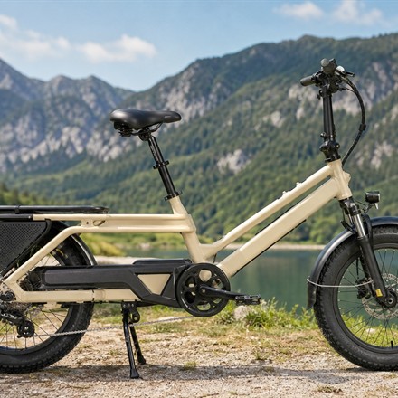 Square tile image of a cream longtail cargo e-bike