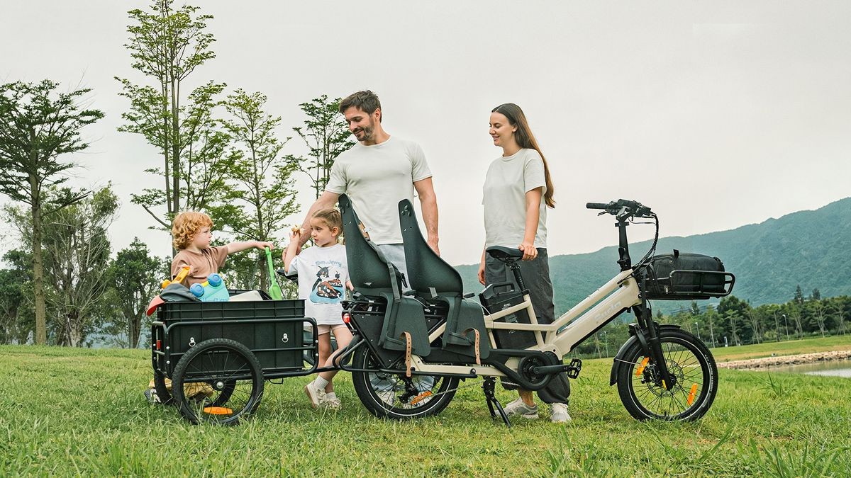 Fiido T3 Max cargo e-bike parked with a family outdoors