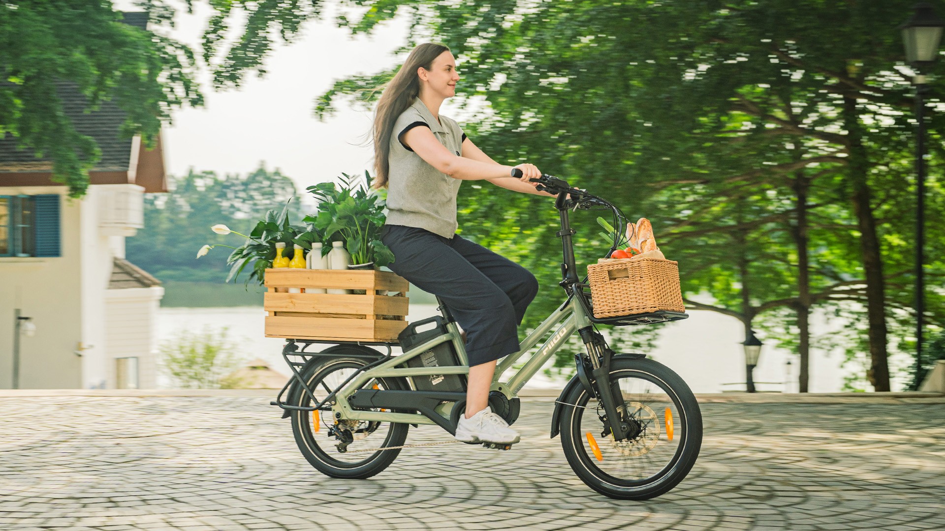 Cargo e-bike rider hauling groceries in a rear crate